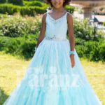 Exclusive sky blue sleeveless soft satin baby party gown with flared floor length tulle skirt