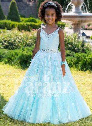 Exclusive sky blue sleeveless soft satin baby party gown with flared floor length tulle skirt