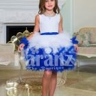 Exclusive white-blue ruffle cloud skirt elegant party dress with rich satin white bodice for girls