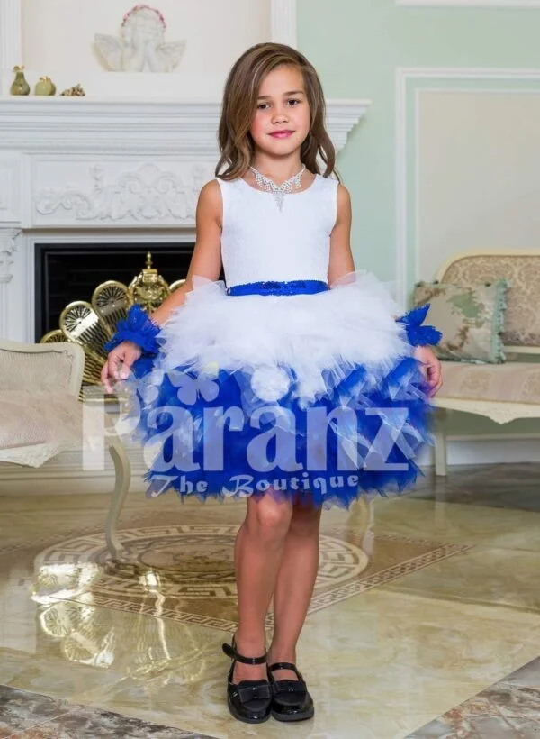 Exclusive white-blue ruffle cloud skirt elegant party dress with rich satin white bodice for girls