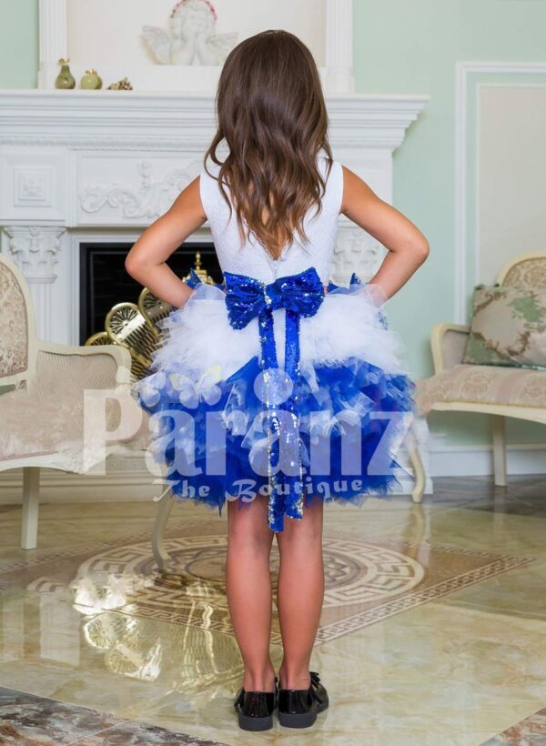 Exclusive white-blue ruffle cloud skirt elegant party dress with rich satin white bodice for girls Back side view
