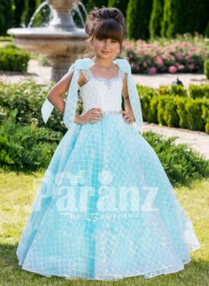 Floor length elegant baby gown with rich white satin bodice and shoulder sheer frills