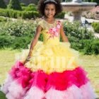 Floor length flared and high volume ruffle-tulle skirt dress for girls with floral bodice