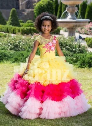 Floor length flared and high volume ruffle-tulle skirt dress for girls with floral bodice