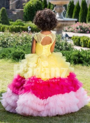 Floor length flared and high volume ruffle-tulle skirt dress for girls with floral bodice back side view