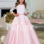 Floor length metallic pink baby gown with lace-sheer work elegant bodice