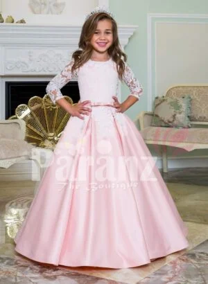 Floor length metallic pink baby gown with lace-sheer work elegant bodice