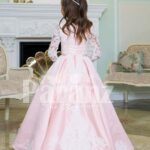 Floor length metallic pink baby gown with lace-sheer work elegant bodice back side view