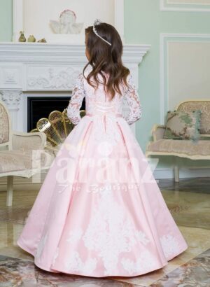 Floor length metallic pink baby gown with lace-sheer work elegant bodice back side view