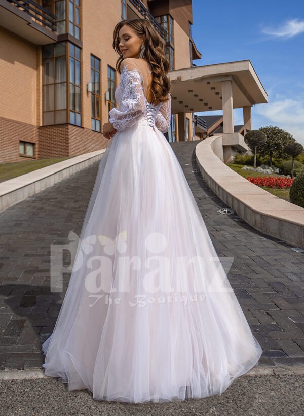 Floor length stunning white off-shoulder Arabian princess style wedding tulle gown back side view