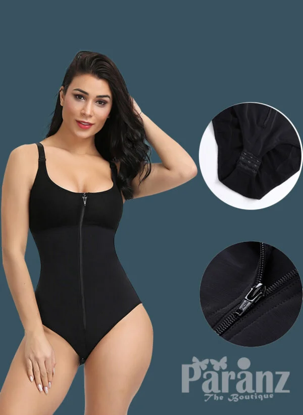 Front Zipper Closure & Waist Slimmer Body Shaper Suit In black