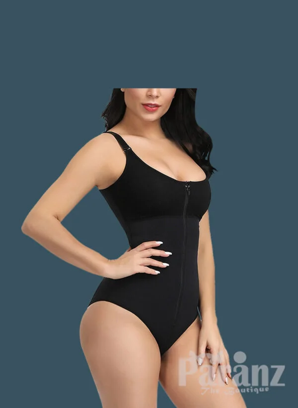 Front Zipper Closure & Waist Slimmer Body Shaper Suit In black f (1)