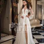 Full sheer sleeves side slit wedding tulle gown in snow white