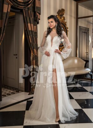 Full sheer sleeves side slit wedding tulle gown in snow white