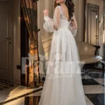 Full sheer sleeves side slit wedding tulle gown in snow white back side view