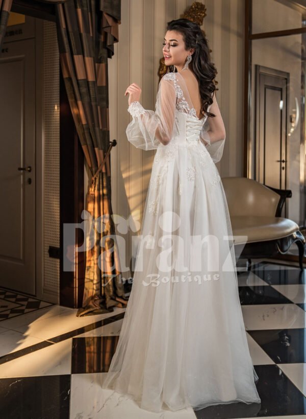 Full sheer sleeves side slit wedding tulle gown in snow white back side view
