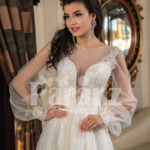 Full sheer sleeves side slit wedding tulle gown in snow white close view