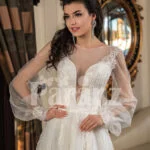 Full sheer sleeves side slit wedding tulle gown in snow white close view