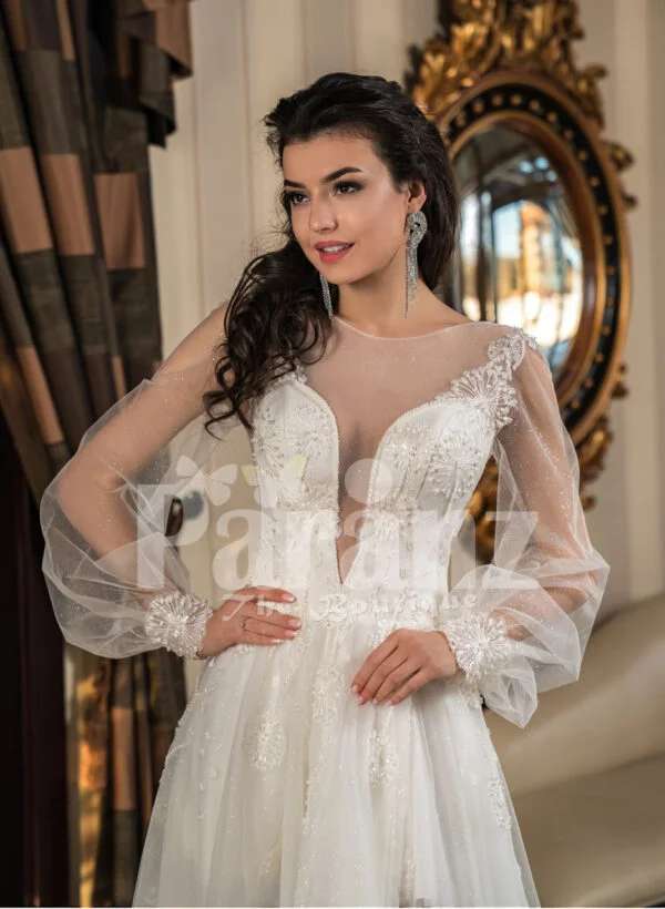 Full sheer sleeves side slit wedding tulle gown in snow white close view