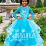 Full sleeve sky blue rich satin-sheer bodice baby party gown with multi-layer flared tulle skirt
