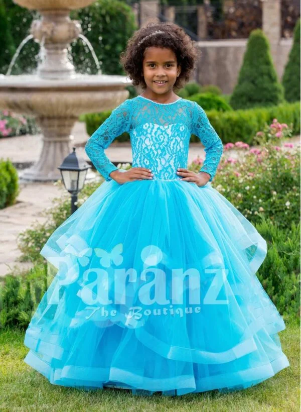 Full sleeve sky blue rich satin-sheer bodice baby party gown with multi-layer flared tulle skirt