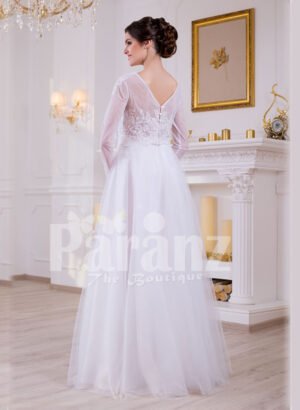 Full sleeve super stylish pearl white floor length wedding gown with tulle skirt back side view