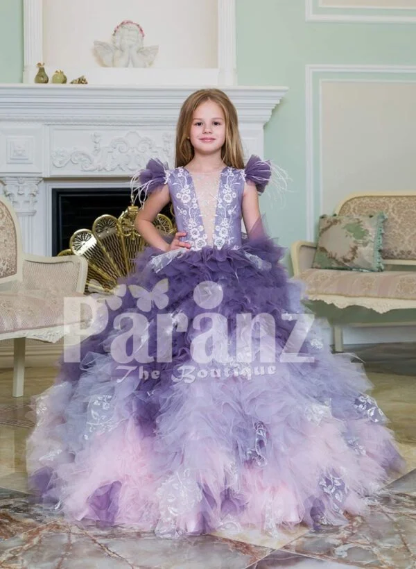 Girls’ high volume tulle-ruffle cloud skirt floor length gown with satin-sheer bodice