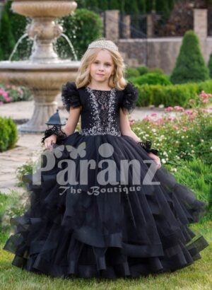 Glam black floor length multi-layer tulle skirt gown with white floral work elite bodice