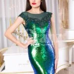 Glitz black-blue-green floor length mermaid style evening satin gown for women