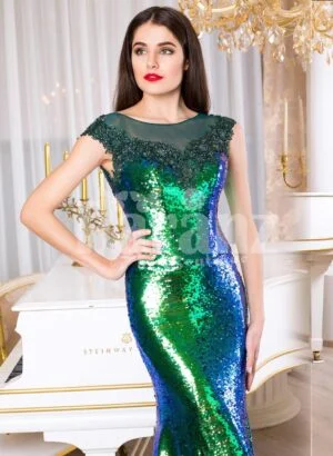 Glitz black-blue-green floor length mermaid style evening satin gown for women