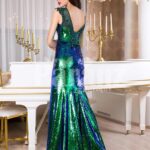 Glitz black-blue-green floor length mermaid style evening satin gown for women back side view