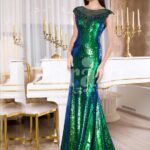 Glitz black-blue-green floor length mermaid style evening satin gown for women's