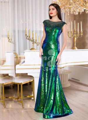 Glitz black-blue-green floor length mermaid style evening satin gown for women's
