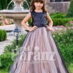 Glitz black sequin bodice baby gown with blue sheer pink tulle floor length skirt