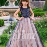 Glitz black sequin bodice baby gown with blue sheer pink tulle floor length skirt