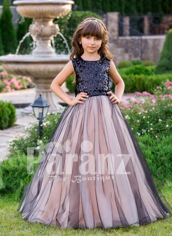 Glitz black sequin bodice baby gown with blue sheer pink tulle floor length skirt