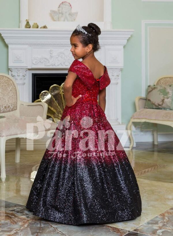 Glitz red-pink-black floor length flared and high volume exclusive baby gown back side view