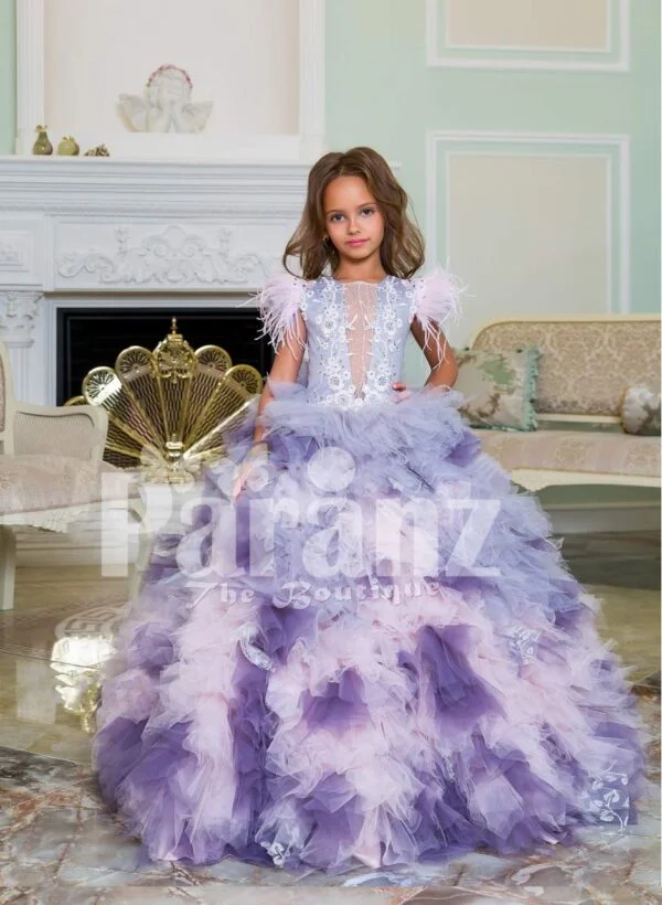 High volume ruffle-tulle cloud skirt full length baby gown with elegant satin-sheer bodice