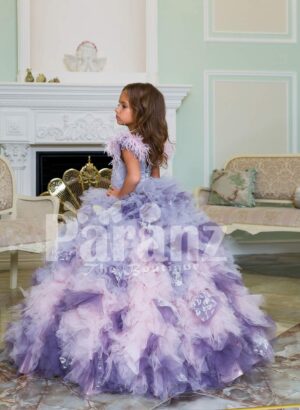 High volume ruffle-tulle cloud skirt full length baby gown with elegant satin-sheer bodice side view