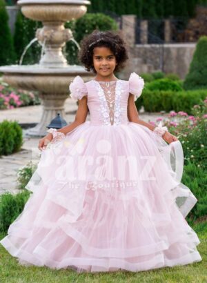 Light pink multi-layer floor length tulle skirt baby gown with royal bodice