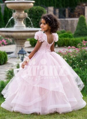 Light pink multi-layer floor length tulle skirt baby gown with royal bodice back side view