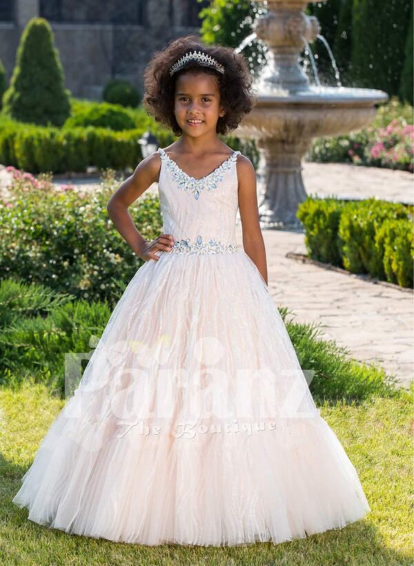 Light pink sleeveless baby party gown with rhinestone neckline and floor length tulle skirt