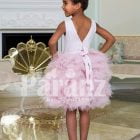 Little girls’ elegant ruffle cloud skirt tea length party dress with royal white bodice back side view