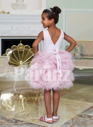 Little girls’ elegant ruffle cloud skirt tea length party dress with royal white bodice back side view