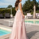 Metal pink side slit wedding tulle gown with glam glitz royal bodice back side view