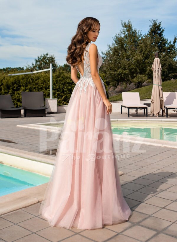 Metal pink side slit wedding tulle gown with glam glitz royal bodice back side view