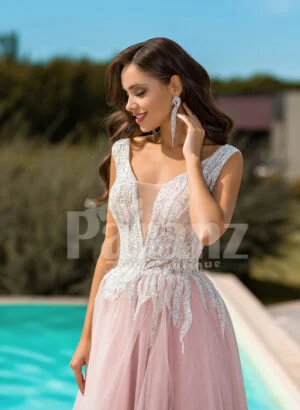 Metal pink side slit wedding tulle gown with glam glitz royal bodice close view