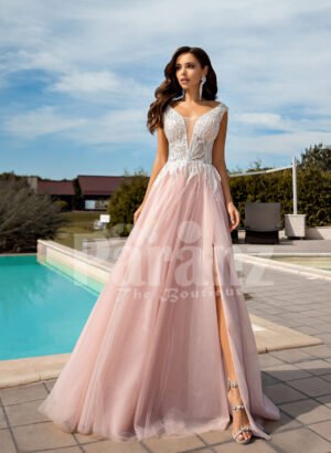Metal pink side slit wedding tulle gown with glam glitz royal bodicec
