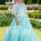 Metallic sky blue rich satin floor length baby gown with glitz floral works all over