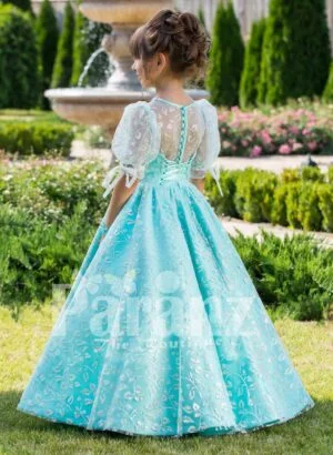 Metallic sky blue rich satin floor length baby gown with glitz floral works all over Back side view